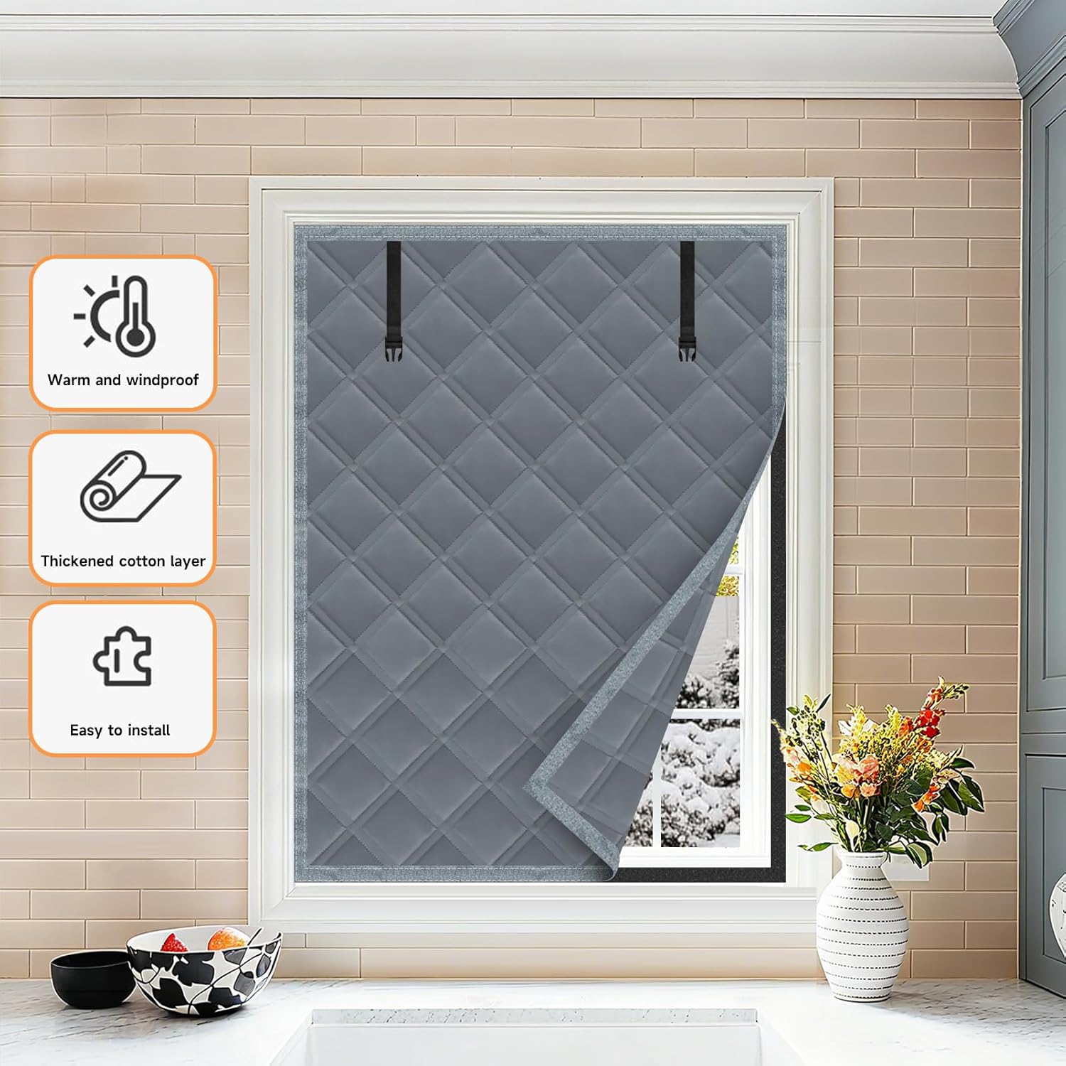 Winter Insulated Window Curtain 65"x79", Oxford Cloth Thermal Insulated Window Cover with Buckles,Heavy Duty Window Insulation Kit Fits Windows up to 64"x78",Grey