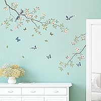 Vista 1 de Calcomanías de pared de ramas de hojas verdes, calcomanías de pared de flores blancas, calcomanías de pared extraíbles para bricolaje, mariposas