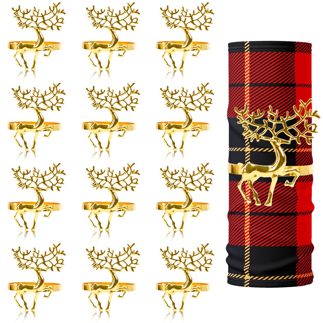 12 Piezas Servilleteros de Reno de Navidad, Anillos Servilletas, Servilleteros Navidad Dorados, Decoracion Mesa, para Boda, Navidad, Cena de Fiesta, Acción de Gracias