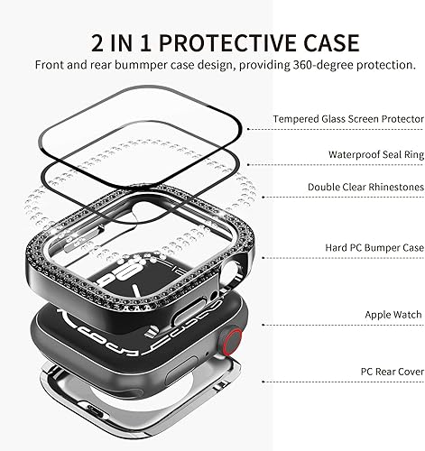 Miniatura 2 de Yolovie Funda impermeable 2 en 1 compatible con Apple Watch de 1.772 pulgadas, protector de pantalla Series 987, para mujer, con diamantes de