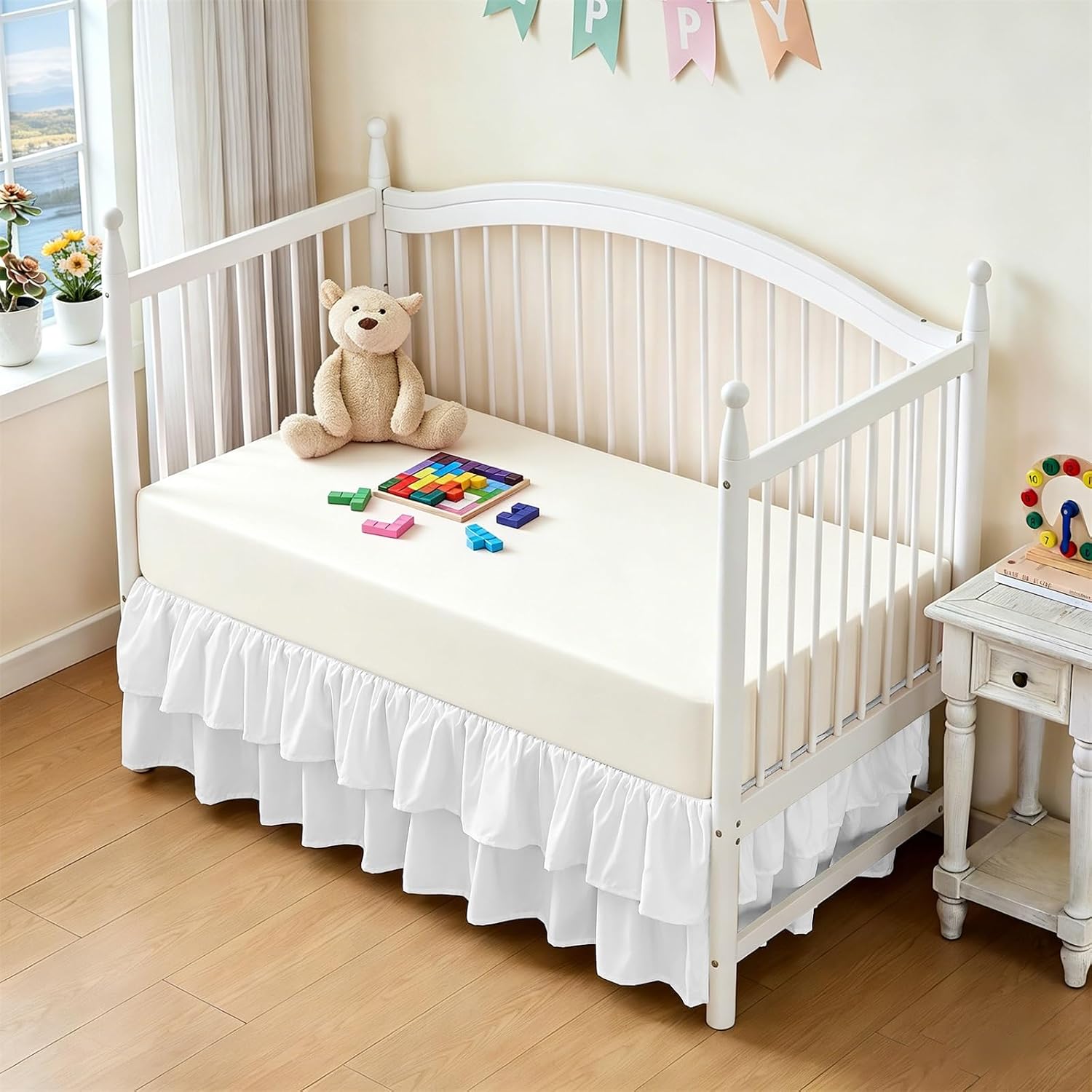Ruffled Crib Bed Skirt 28"x 52" with 14" Drop, Soft Double Layer Nursery Dust Ruffle Skirt for Toddler Bedding/Baby Crib(White)