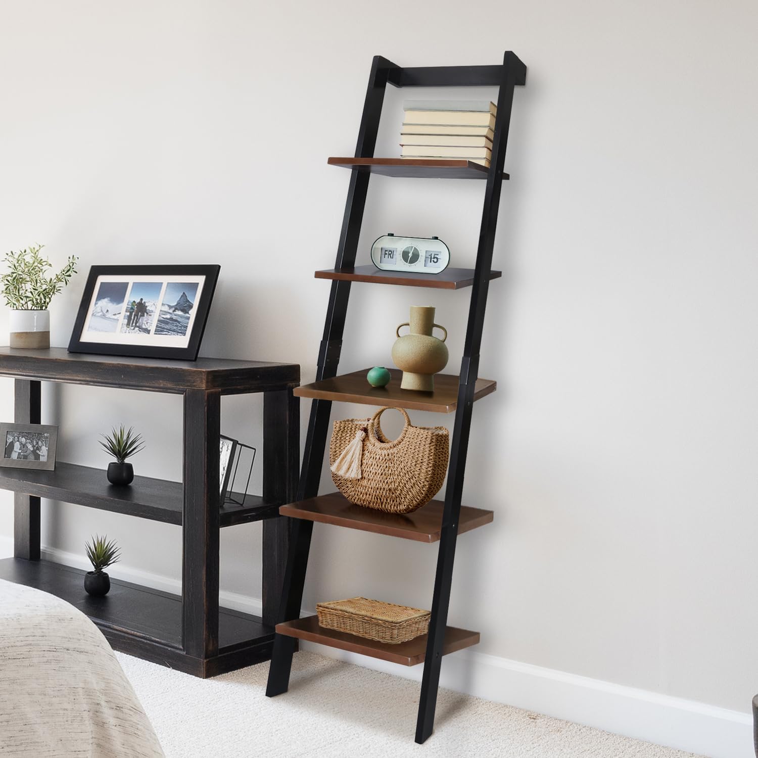 Kavari 5-Tier Leaning Ladder Bookcase with Solid American Gum Shelves - Black/Walnut