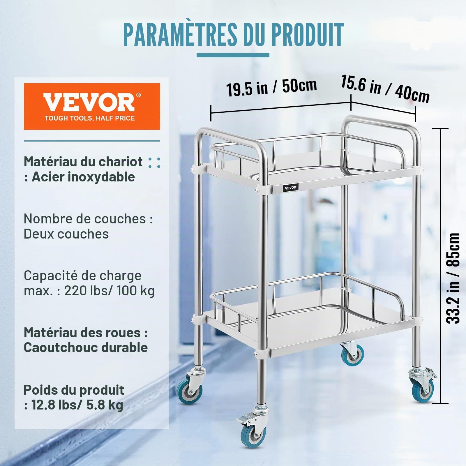 VEVOR Chariot de Laboratoire à 2 Étages, Service Médical 50*40*85 cm, Servante d'Atelier en Acier Inoxydable, Outil de Montage pour Hôtel, Salon, Beauté