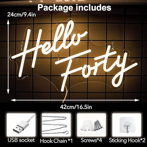 Miniatura 4 de Letrero LED de neón de Hello Forty de 16.5 x 9.4 pulgadas, decoración de pared regulable para 40 cumpleaños, dormitorio, oficina, salón de belleza