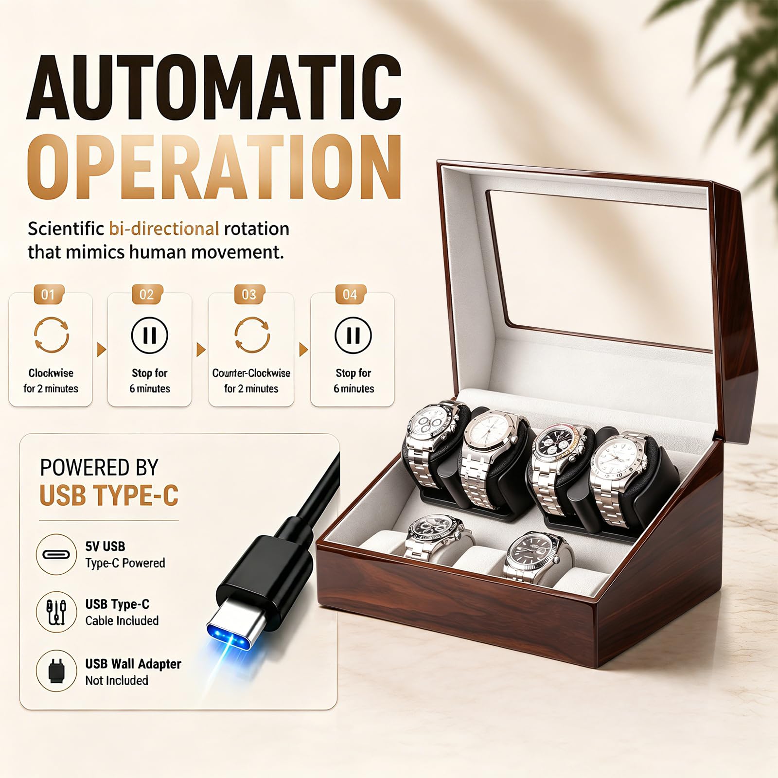 Uhrenbeweger Spinner für 4 Automatikuhren mit 5 Aufbewahrungskoffer | Uhrenbeweger für mehrere Uhren mit leisem Motor, handgefertigtes Klavier-Finish, Holz-Spinner für Herren- und Damenuhren