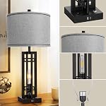 27" Touch Control Farmhouse Table Lamps, Set of 2 Tall Rustic Table Lamps 2-Light Design with USB A+C Ports, Bedside Lamps with Grey Shade for Living Room Home Office, 4 LED Bulbs Included