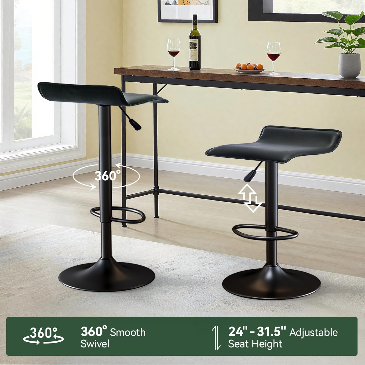 Vogue Furniture Direct Adjustable Bar Stools Set of 2, Modern Swivel PU Leather Airlift Barstools, Backless Kitchen Counter Height Bar Chair for Dining Room (Black, Black Base)