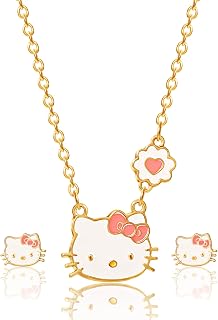 Hello Kitty Sanrio Girls Jewelry Set - Gold Plated 18+3 Necklace and Stud Earrings Officially Licensed (Pink)