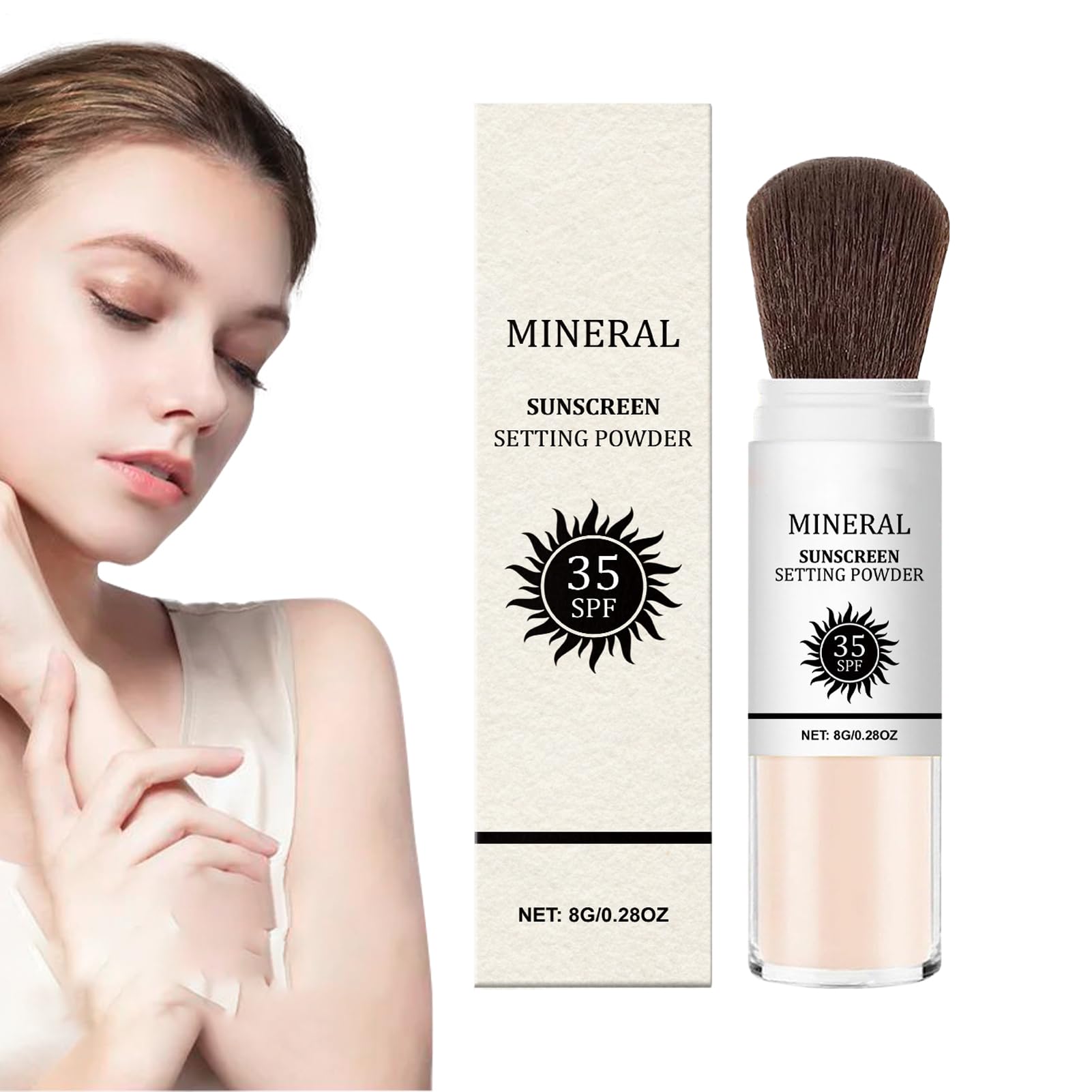 Mineral Polvo De Protección Solar, Pincel, Polvo De Ajuste De Protector Solar, Bloqueador Solar De Cepillo, Fórmula Mineral, Control De Aceite Y Acabado Mate, 11.3x2.7x2.7cm Para Adultos Viajes
