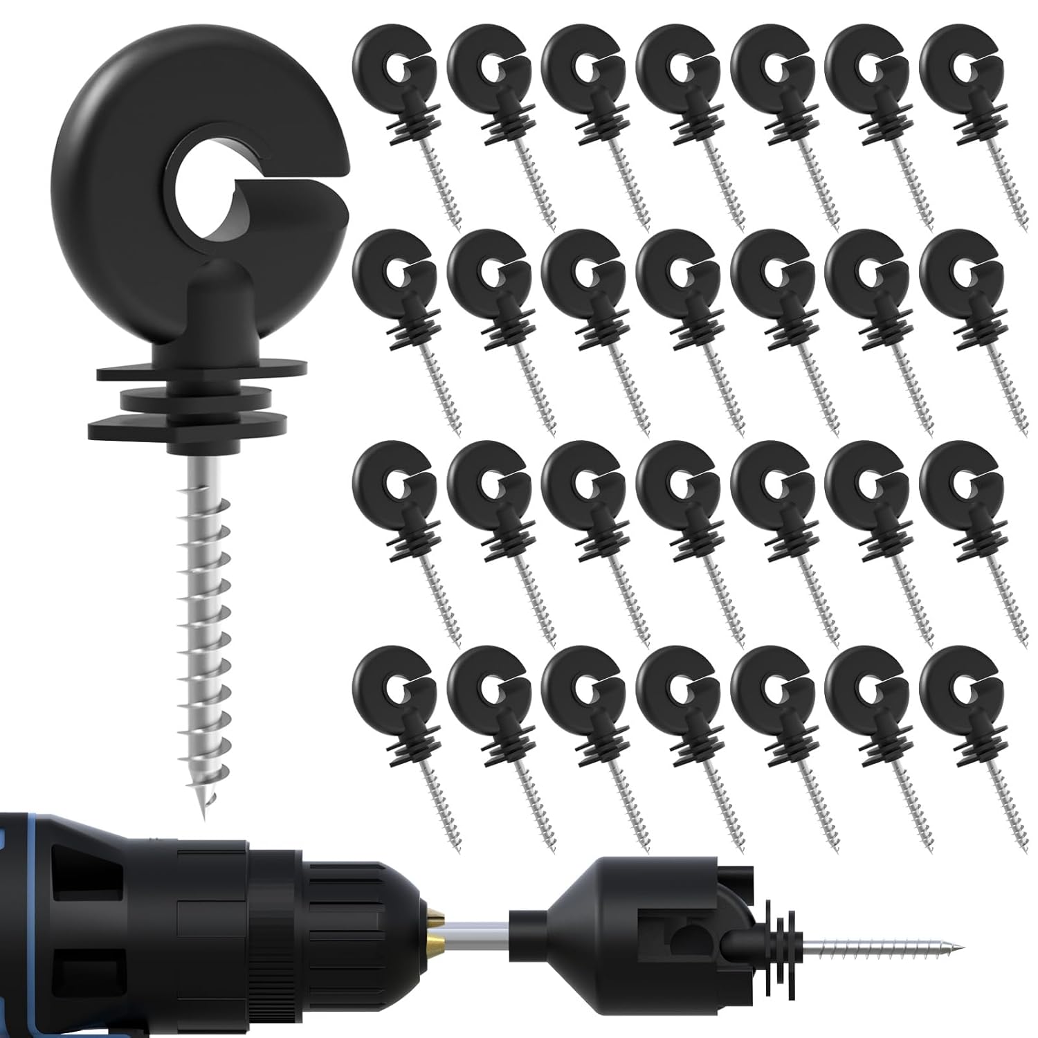 NQN 30 Pack Black Electric Fence Screw-In Insulators with Free Socket Tool - Durable Ring Insulators for Wood Posts & Poly Wire