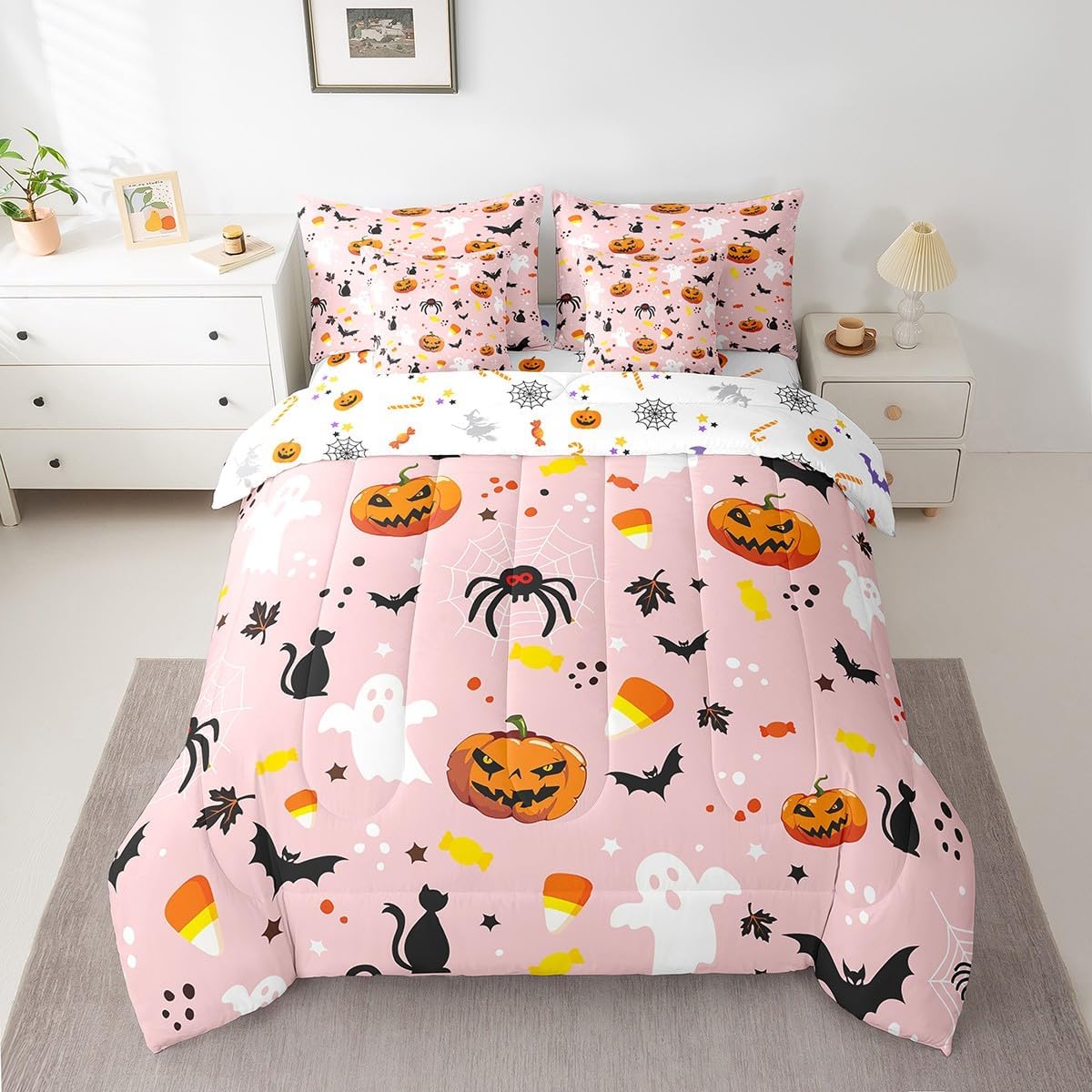 Erosebridal Halloween Queen Comforter Set, 7 Pieces Pumpkin Bed in A Bag Ghost Gothic Bedding Spooky Spider Bat Bed Set (1 Comforter,2 Pillowcase,2 Throw Pillow Covers,1 Flat Sheet,1 Fitted Sheet)