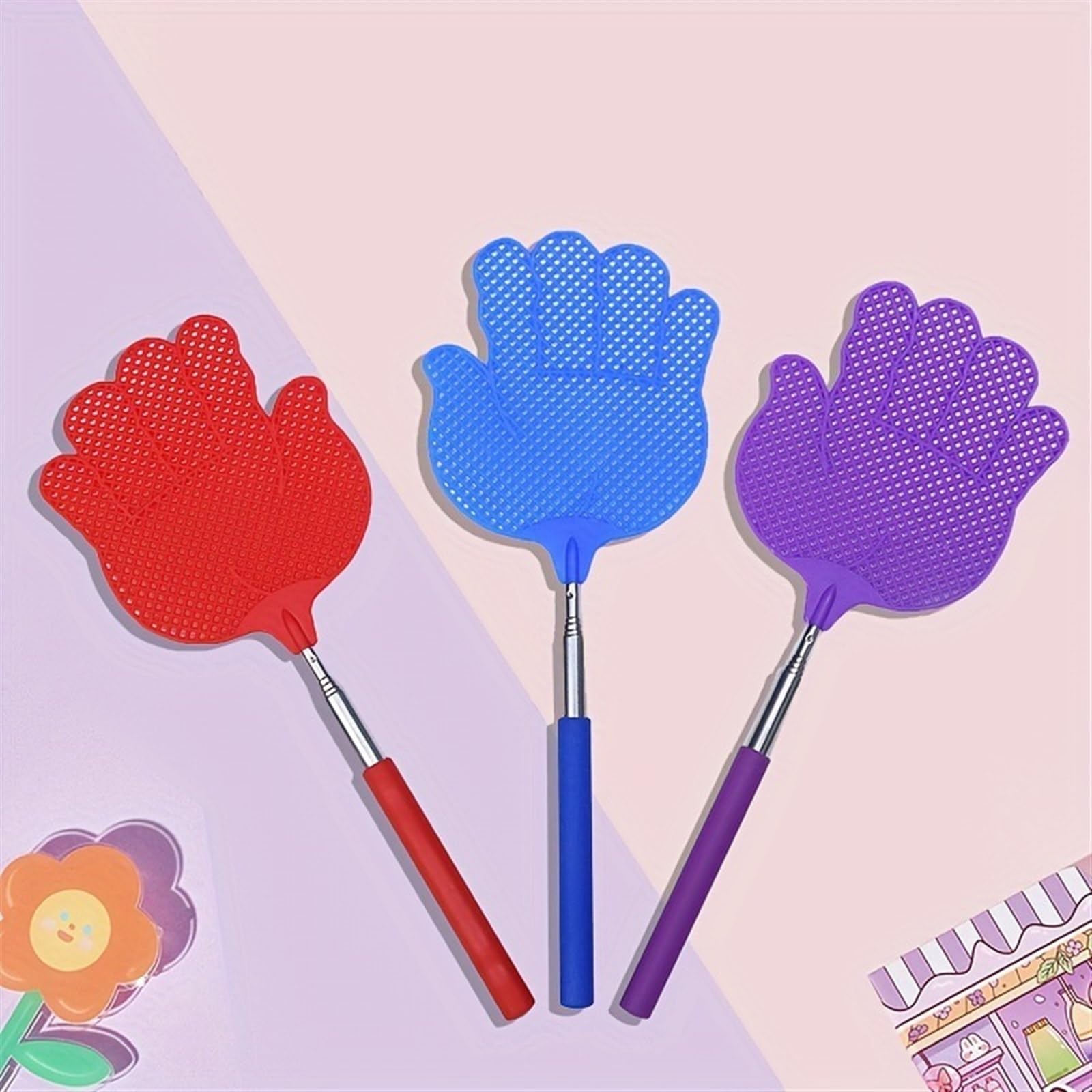 Estensibile Paletta Mosche 3-Pack Scacciamosche Plastica Inox Maniglie Lunghe Ammazza Mosche Zanzare(75cm)