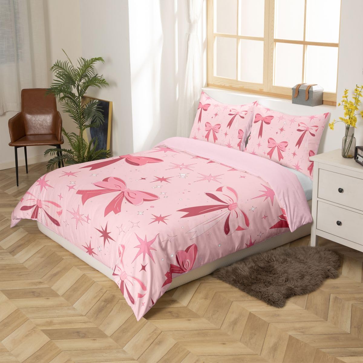 Homewish Set di biancheria da letto con copripiumino per letto super king size con fiocco e fiocco con fiocco e stelle, set di biancheria da letto con fiocco rosa