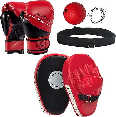 Juego de guantes de boxeo y guantes de boxeo 3 en 1 para niños, almohadillas de boxeo con pelota refleja de boxeo, equipo de boxeo para niños para