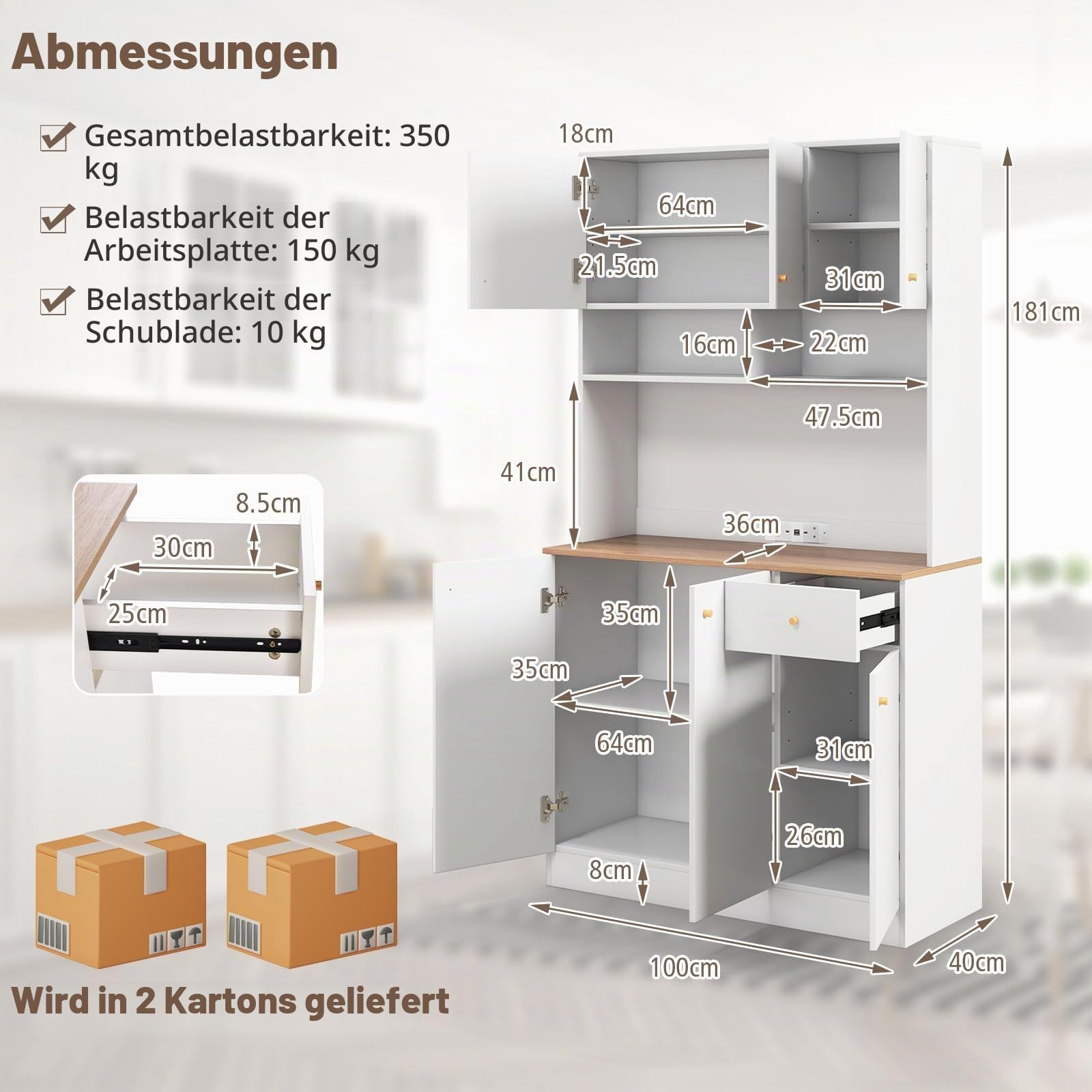 KOMFOTTEU Hoher Küchenschrank mit Ladestation, Mehrzweckschrank mit Schublade & Türen, Buffetschrank mit verstellbaren Regalen, Aufbewahrungsschrank 100x40x181 cm für Esszimmer Küche, Weiß