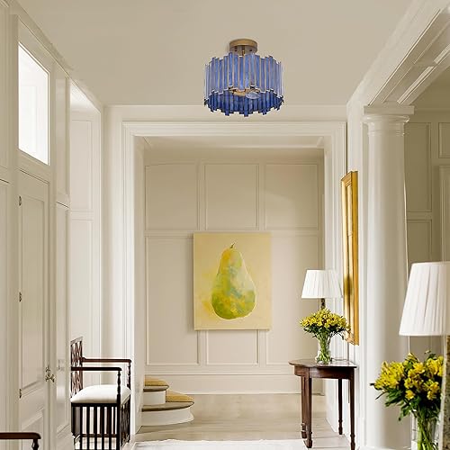 Miniatura 5 de Lámpara de techo de latón antiguo en forma de tambor, lámpara Tiffany moderna de montaje semiempotrado de 12.5 pulgadas con vidrio azul morado,