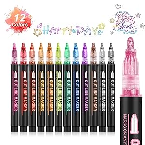 GenuisArt Double Line Outline Markers, Art Markers For Kids,Art Supplies Crafts Gifts for 4-12 Year Old Girl,Metallic Glitter Pens Set for Gift Cards,Rock Painting,Coloring Book (Black Box, 12)
