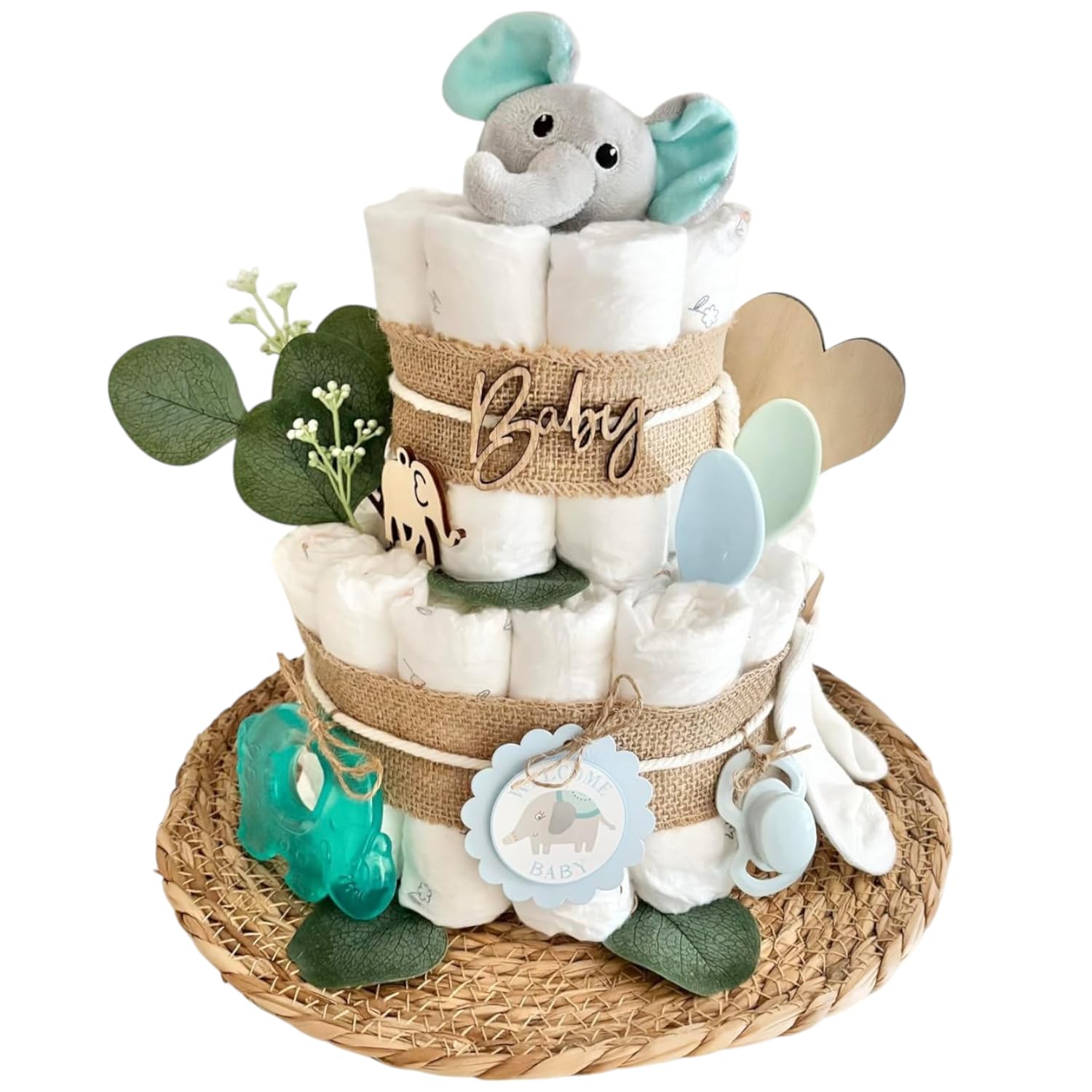 Windeltorte mit Elefant Schnuller Socken und mehr, Babytorte für Babyparty Babyshower, Namen personalisierbar für Junge & Mädchen, Geschenk zur Geburt, Babypinkeln Baby Neugeboren Geschenk Windeln
