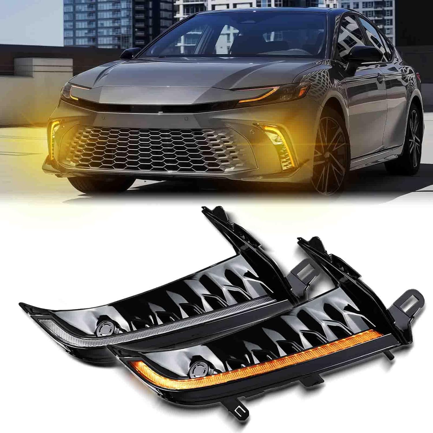 Switchback White & Amber LED Front Fog LED Daytime Running Light Sequential Turn Signal DRL Feature Accessories Compatible with Toyota Camry 2025 SE Replacement OEM Trim