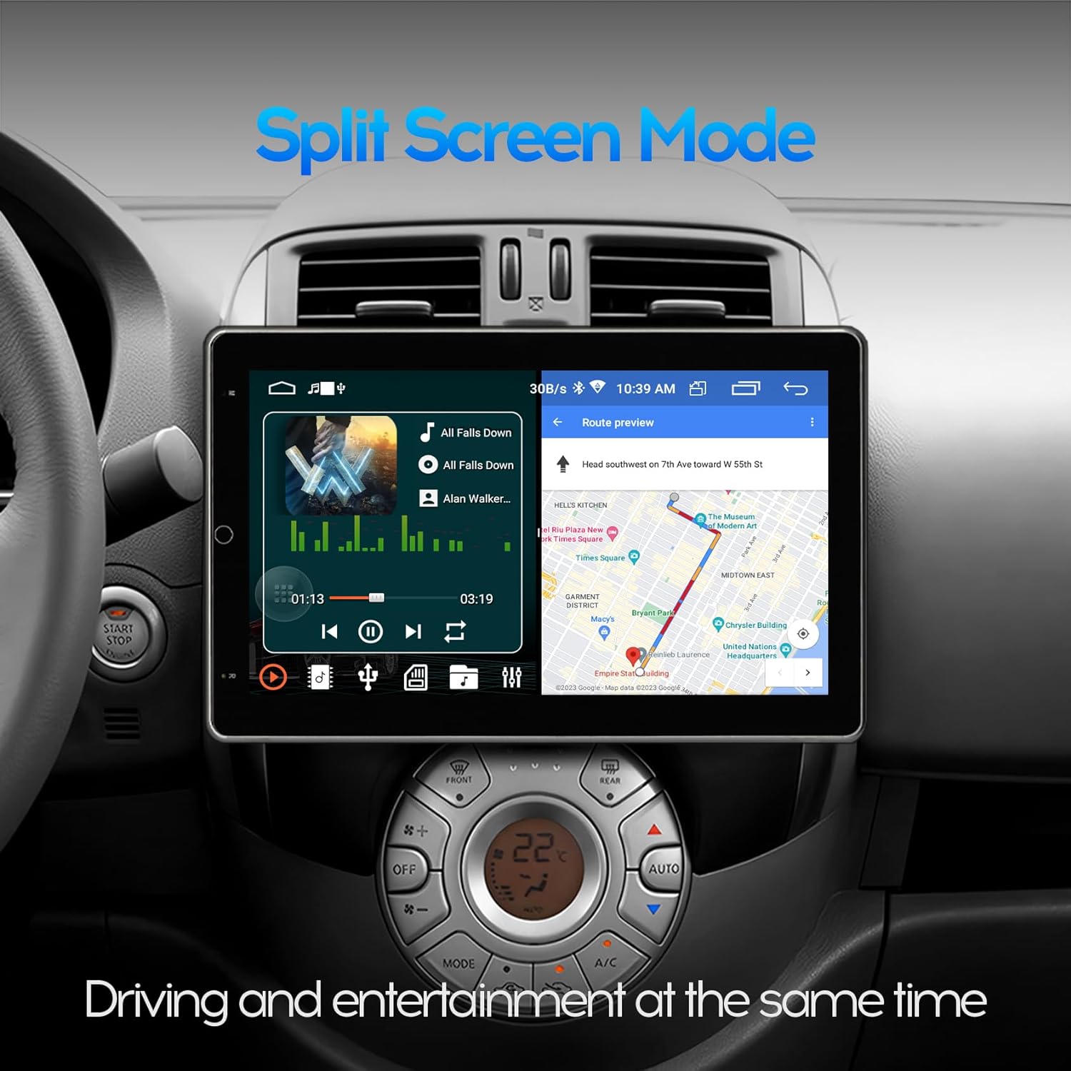 Split screen mode on the WENMENGDE car radio showing navigation and music player simultaneously.