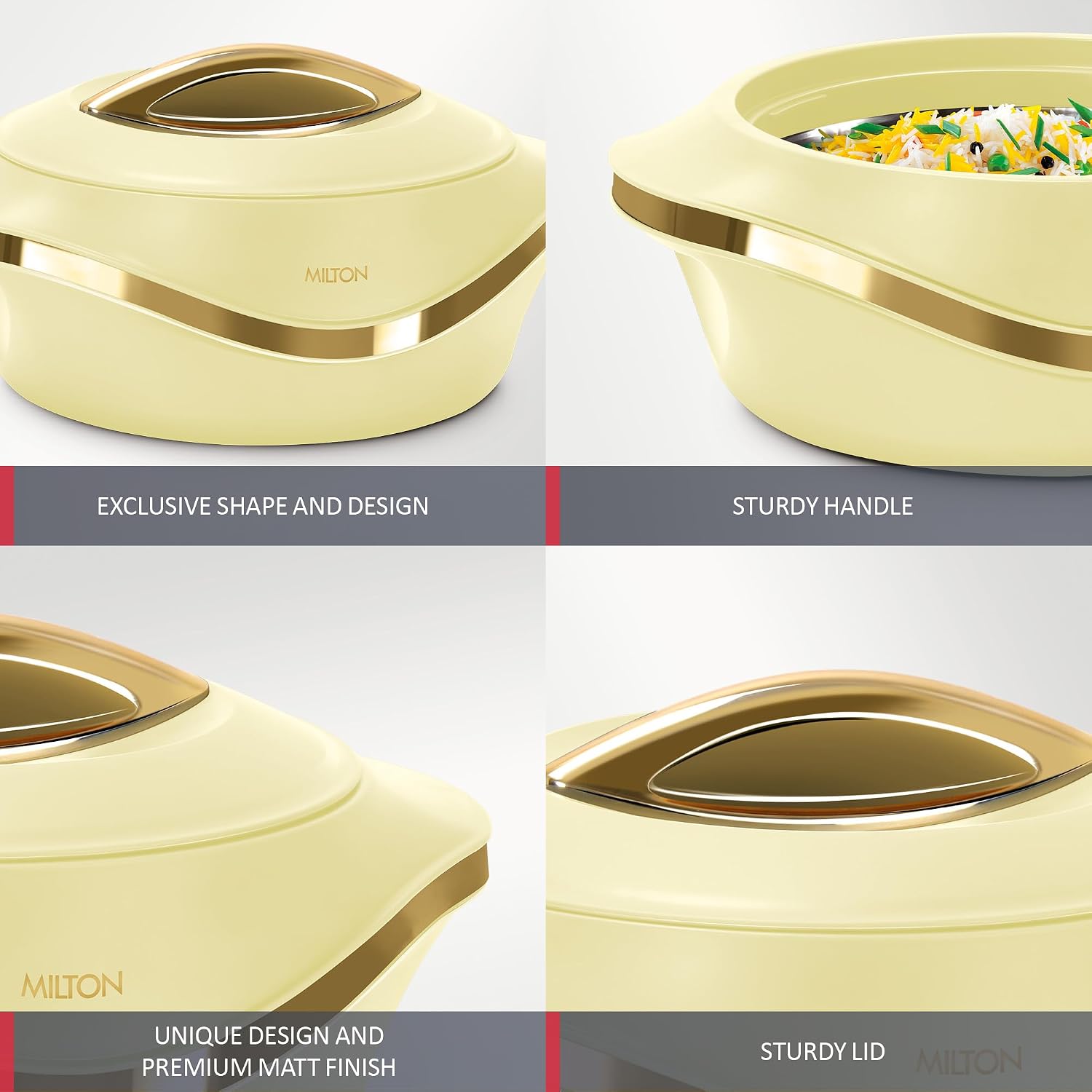 MILTON Pearl 2500 Inner Stainless Steel Casserole, 2.1 litres, Ivory | BPA Free | Food Grade | Easy to Carry | Easy to Store | Chapati | Roti | Curd Maker