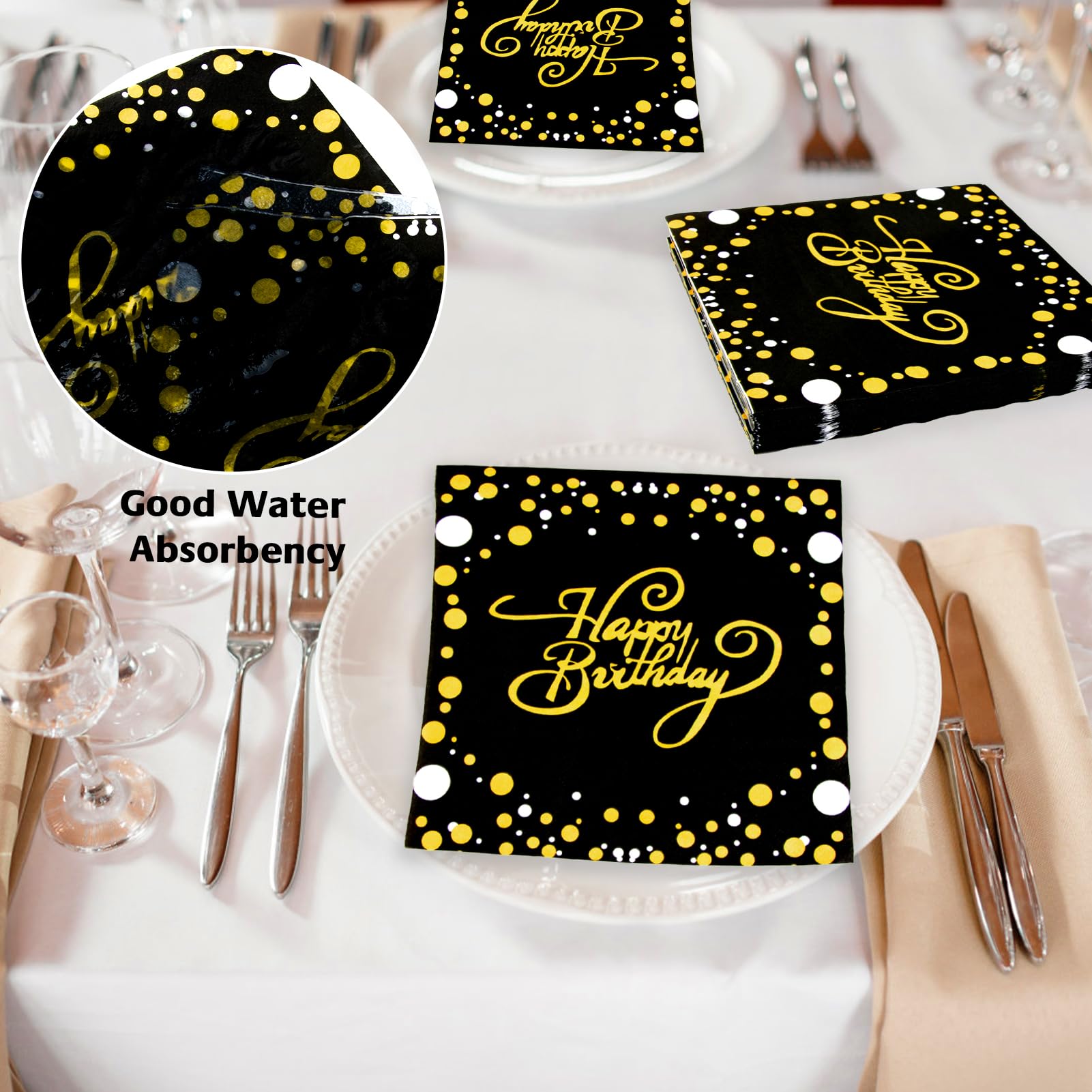 Serviette Papier Anniversaire, 40 Pcs Serviette de Table Happy Birthday Serviette en Papier Noir et Or Nappe Anniversaire Papier Jetable pour Fille Garçon Déco de Table Fête d'Anniversaire (33cm*33cm
