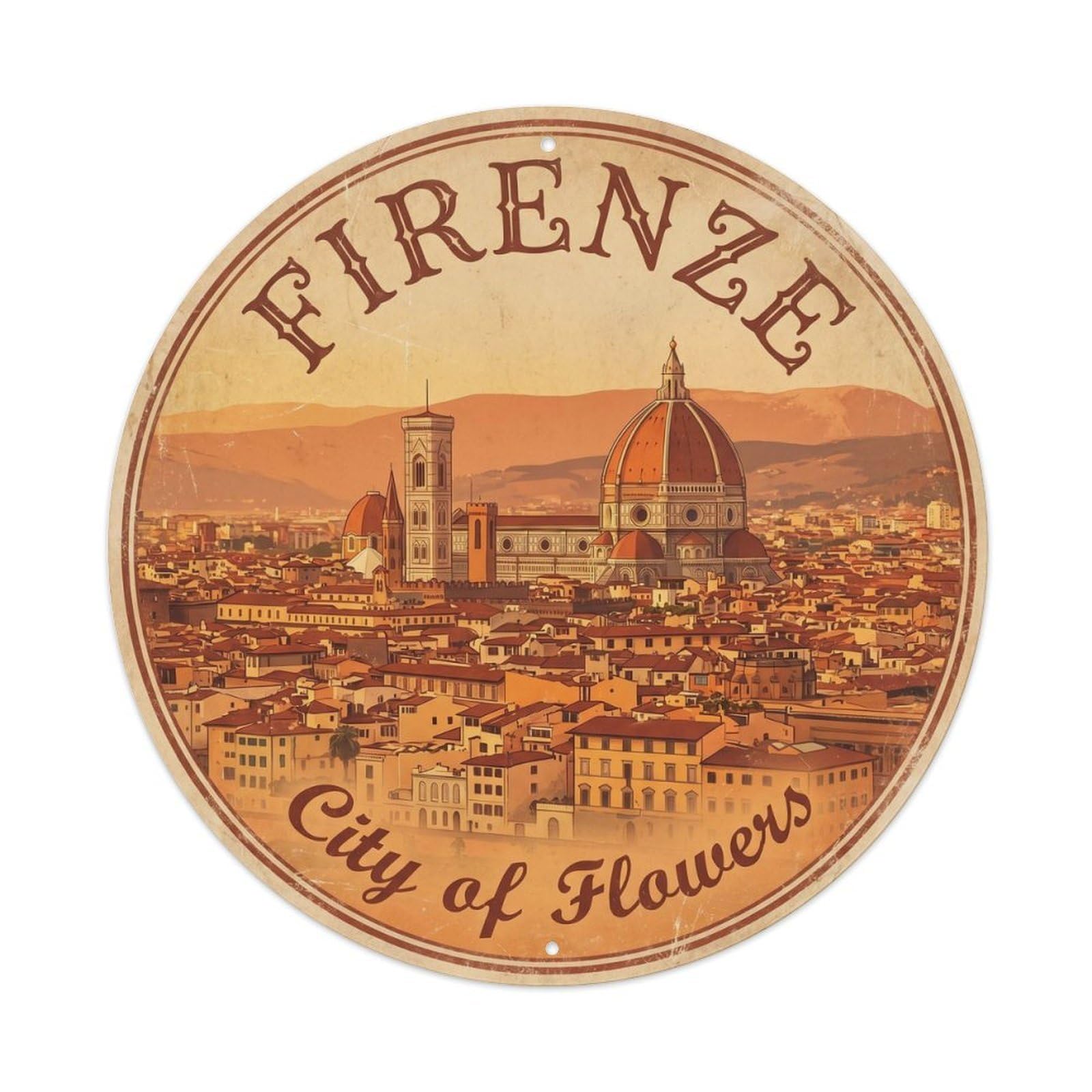 Vintage Travel Florence Duomo Skyline Metal Tin Sign Plaque Wall Decor for Cafe, Club, Garden Round Metal Poster 8x8Inch