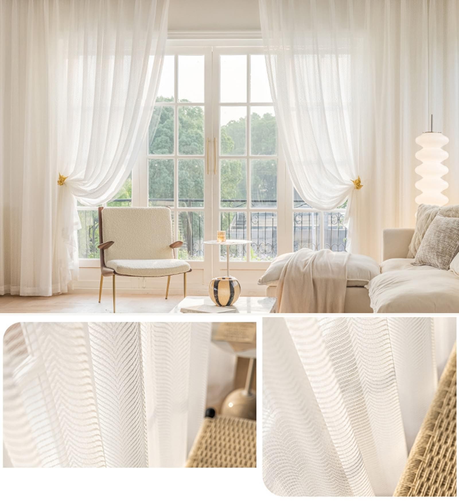 Vorhänge Transparent mit Ösen, Vorhang für Fenster Innen 2er Set Polyester Voile Weiß mit Fischgrätstruktur, 102x183cm