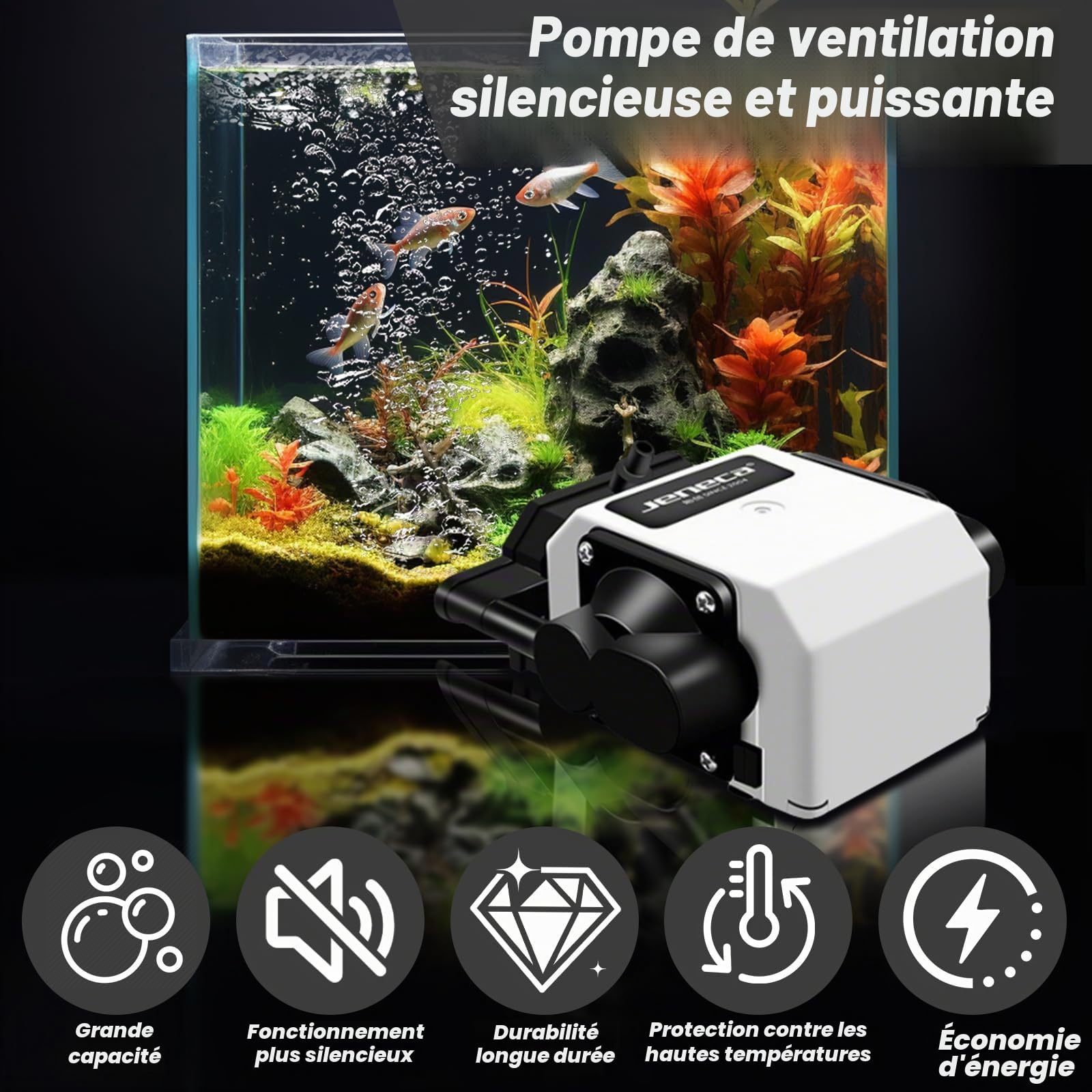 Pompe à air pour Aquarium 3300L/H 25W, Pompe à Oxygène avec Accessoires, Tuyau et Sortie d'air à 6 Trous, Silencieuse/Faible Vibration/Réglable, Bulleur Aquarium pour Up to 2200 litres