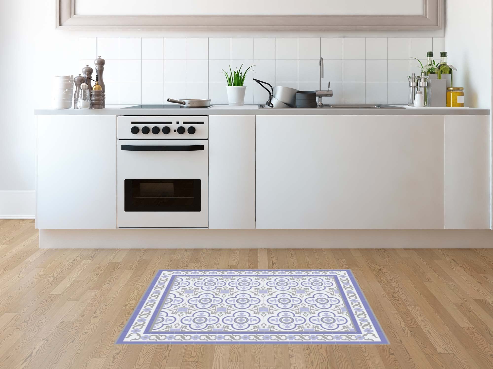 Oedim Tapis mosaïque vintage design bleu, 95 x 95 cm, tapis de cuisine en vinyle, tapis de salon antidérapant, sol en vinyle