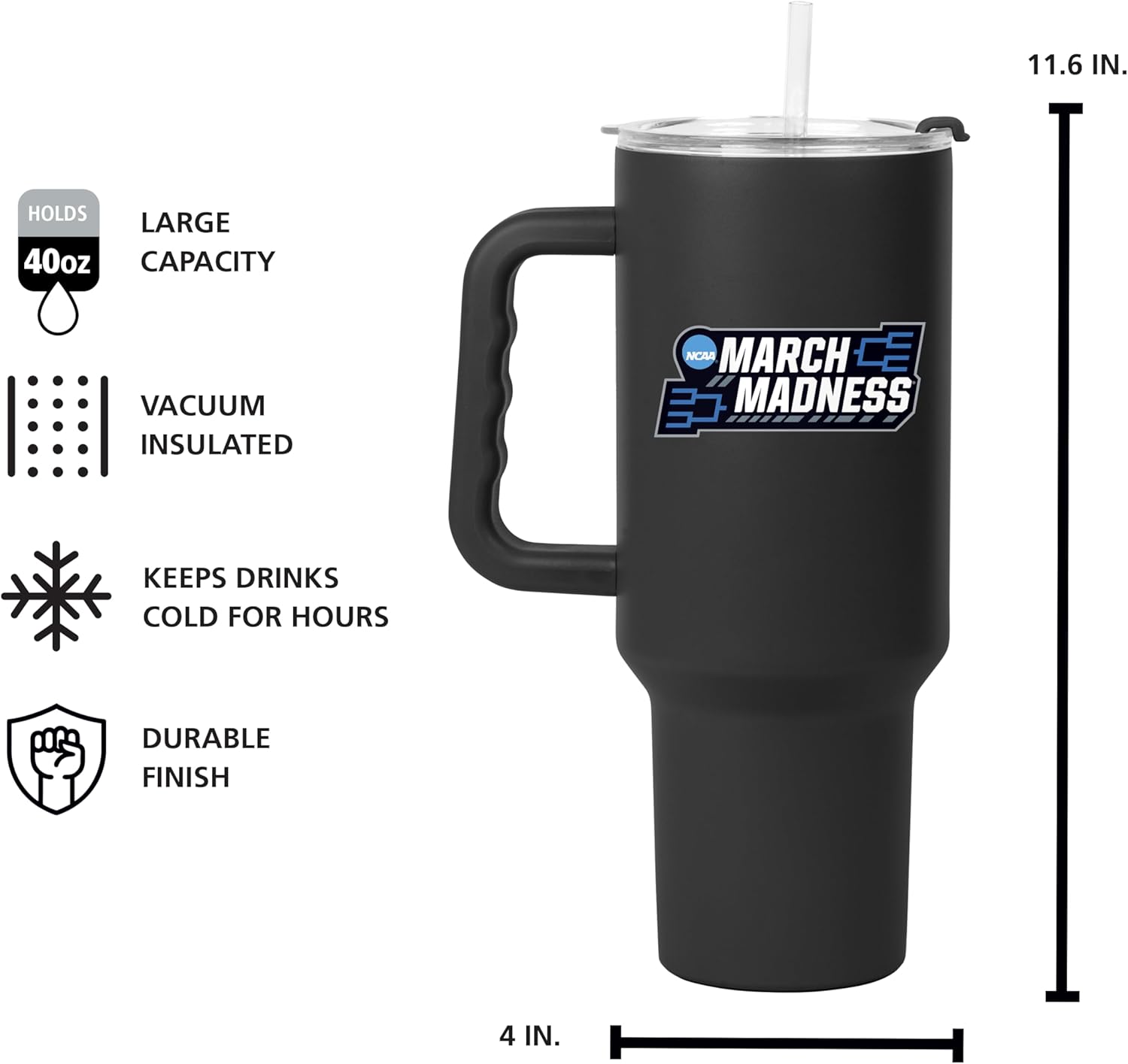 Logo Brands NCAA March Madness 40 oz Stainless Steel Tumbler - Official March Madness Logo | Handle & Straw Built-In | Black Color