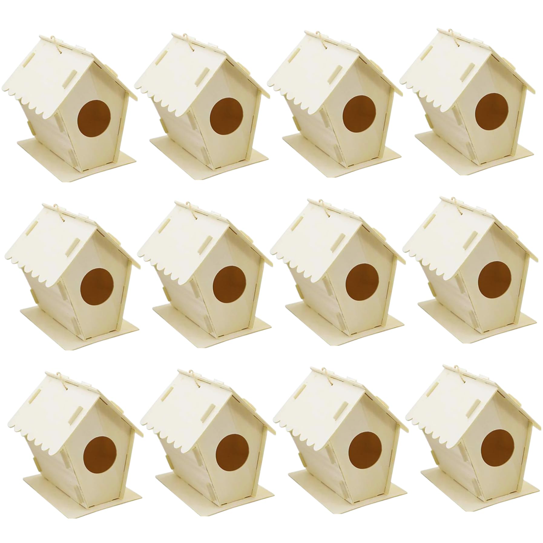 Casa para pájaros de 12 Piezas, Casas para pájaros de Madera sin Pintar con Orificio Redondo y Gancho para Colgar, Edificios pequeños exquisitos para decoración de Jardines o Espacios al Aire Libre