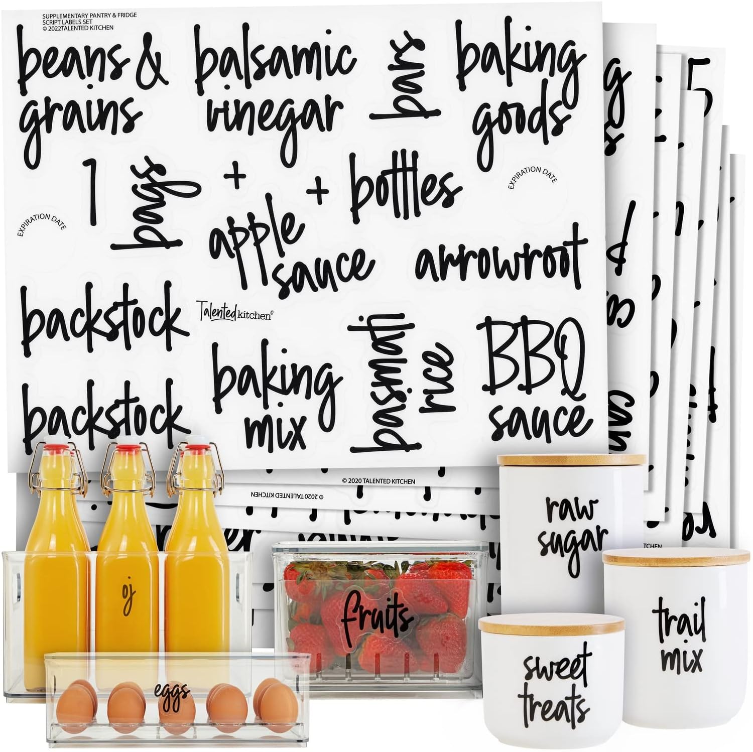 Talented Kitchen 158 Food Container Labels - Durable Waterproof Adhesive - Clear Script Sticker Design for Pantry & Fridge - Freezer Labels & Symbol Stickers - Clear & Black Laminated Paper