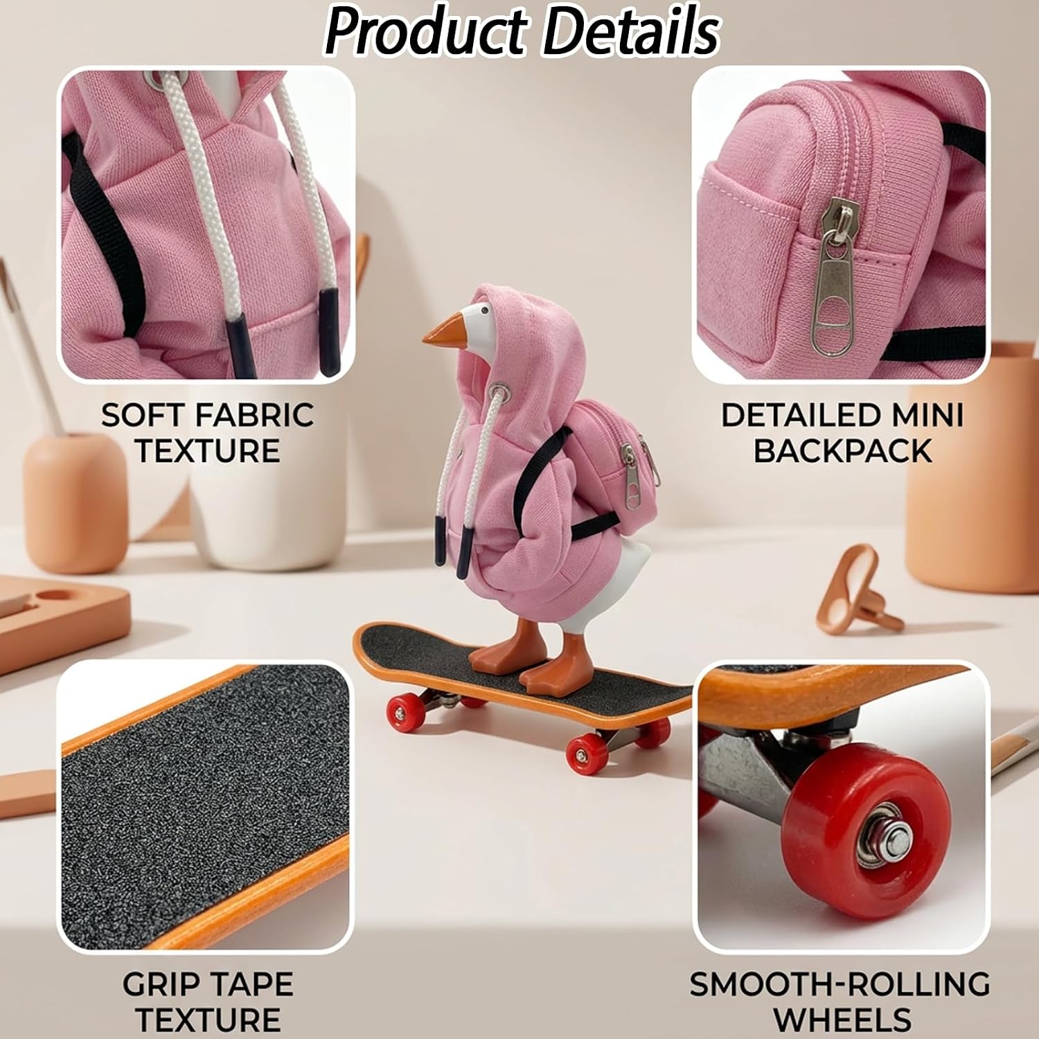 7 Inch Desk Goose Outfits, Min Hoodies Tabletop Gooses Accessory, Desk Goose Hoodie Set with Mini Backpack and Skateboard(Pink) image 3