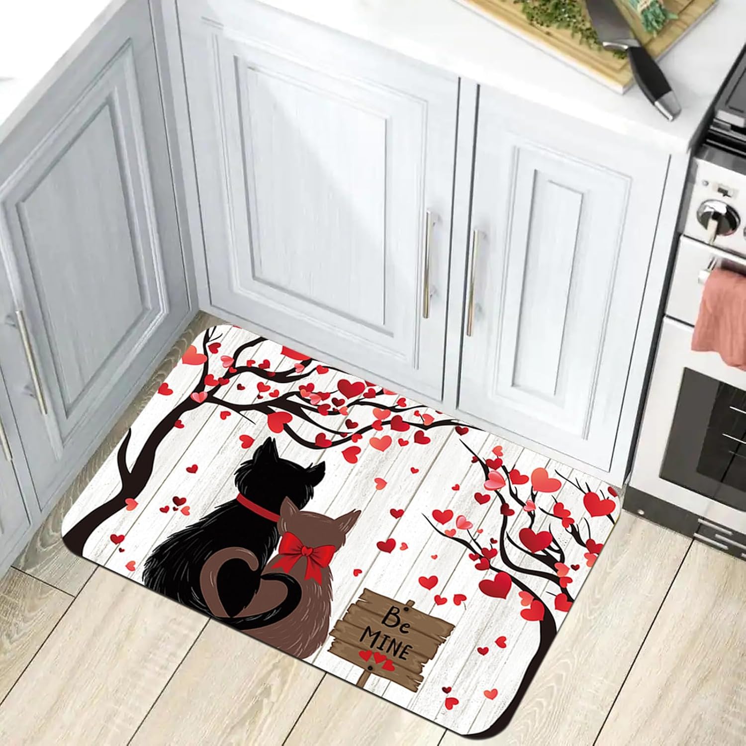 APROPHIC Valentines Kitchen Mat, Valentine's Day Love Heart Cat Wooden Rugs and Mats Set of 2, Kitty Dog Paw Print Kitchen Bathroom Decor Floor Mat Non Slip Washable Carpet 16x24 + 16x41 in