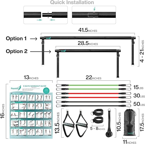 Miniatura 2 de Pilates Bar Kit with Resistance Bands - 6X Resistance Bands, 3 Section Exercise Bar with Adjustable Strap, Door Anchor, Foot Loops and Ankle Strap -