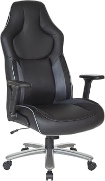 OSP Home Furnishings ECH Series Big and Tall Bonded Leather Gaming Chair for Up to 350 Pounds with Height Adjustable Flip Arms and Metal Base, Grey Mesh