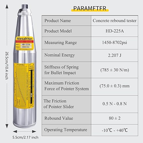 Miniatura 8 de HD-225A Probador de martillo de rebote de hormigón Resiliómetro profesional Medidor de prueba de herramienta Martillo de fuerza mecánica