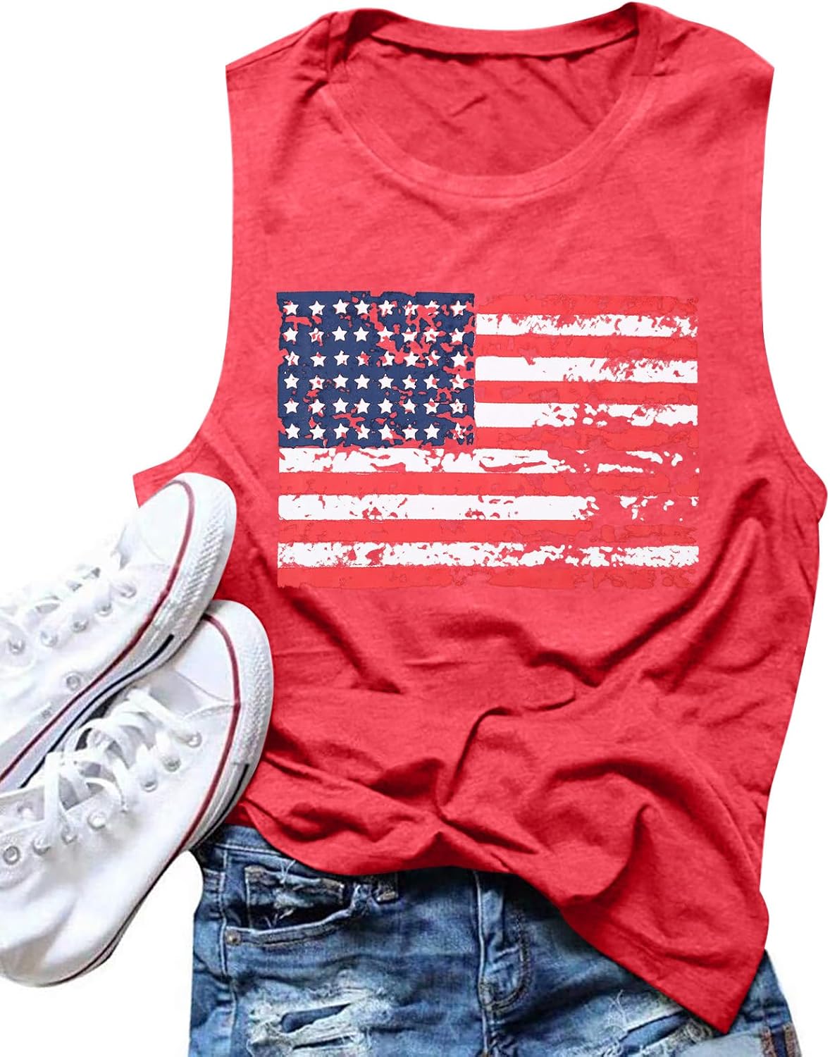 FAYALEQ American Flag Print Tank Tops Women USA Stars Stripes Patriotic T Shirt Summer Loose Vest Tees thumbnail
