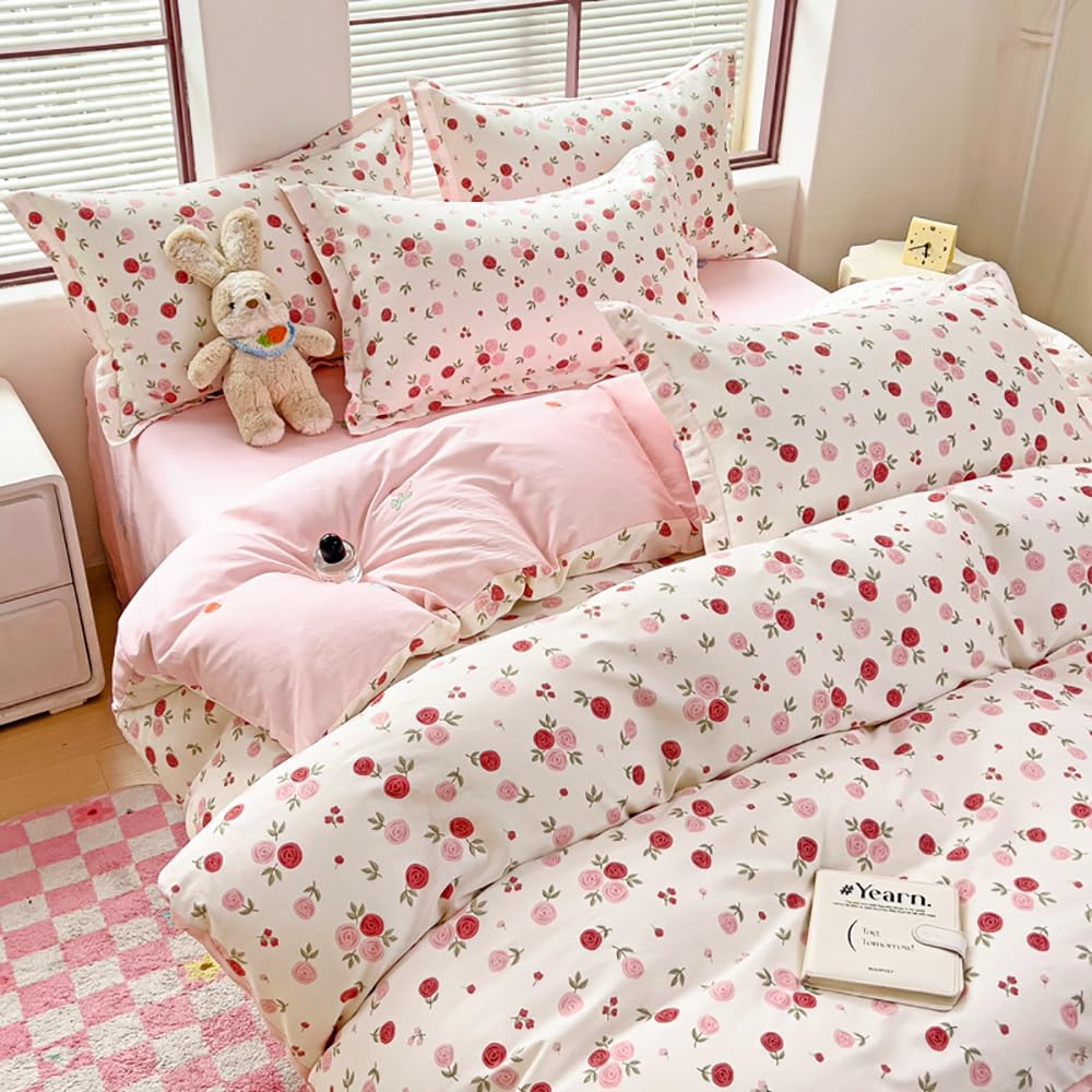 Nyescasa Duvet Cover King White Pink Floral Flowers Botanical Meadow Reversible Bedding Set Red Roses Flower Print Microfibre Comforter Cover 220x230 cm with Zipper Closure and 2 Pillowcases 50x75 cm