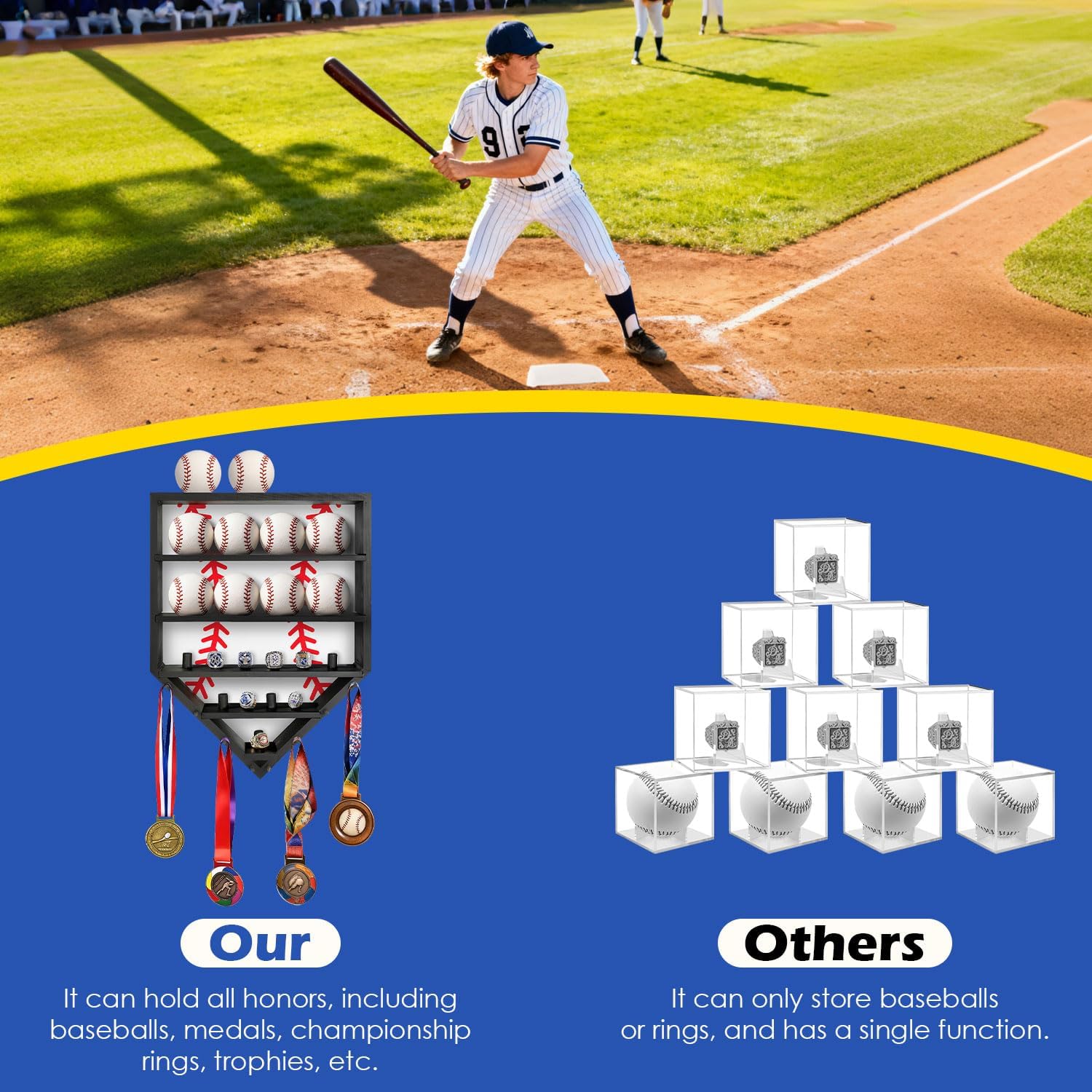 Baseball Ring Display Case - Solid Wood Wall Mounted Baseball Holder for Balls, Championship Rings, Medals & Trophies - Perfect Baseball Fan Gift (Black)