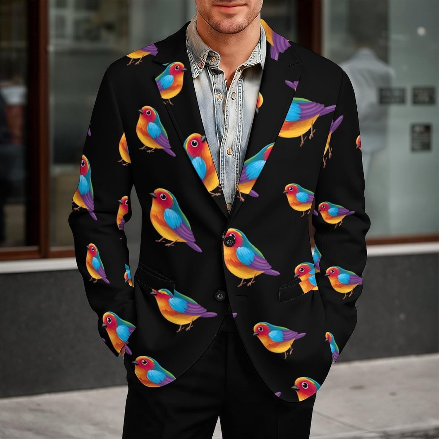 Colored Bird Trendy Men's Two Button Suit Funny Casual Slim Fit Blazer Coat Tuxedos Jackets