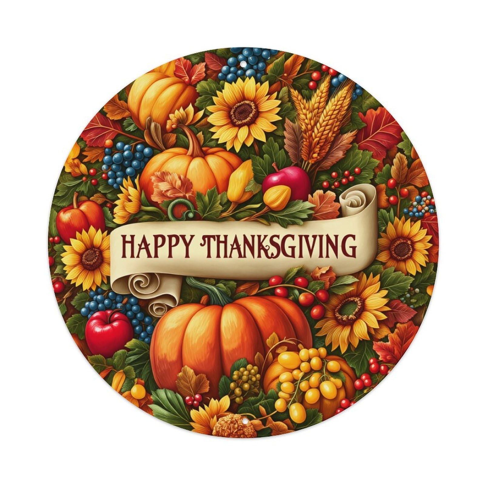 Autumn Harvest Thanksgiving Decorative Pattern Round Tin Sign Vintage Metal Poster, Home Bar Garage Man Cave Cafe Indoor & Outdoor Wall Decoration 8x8Inches