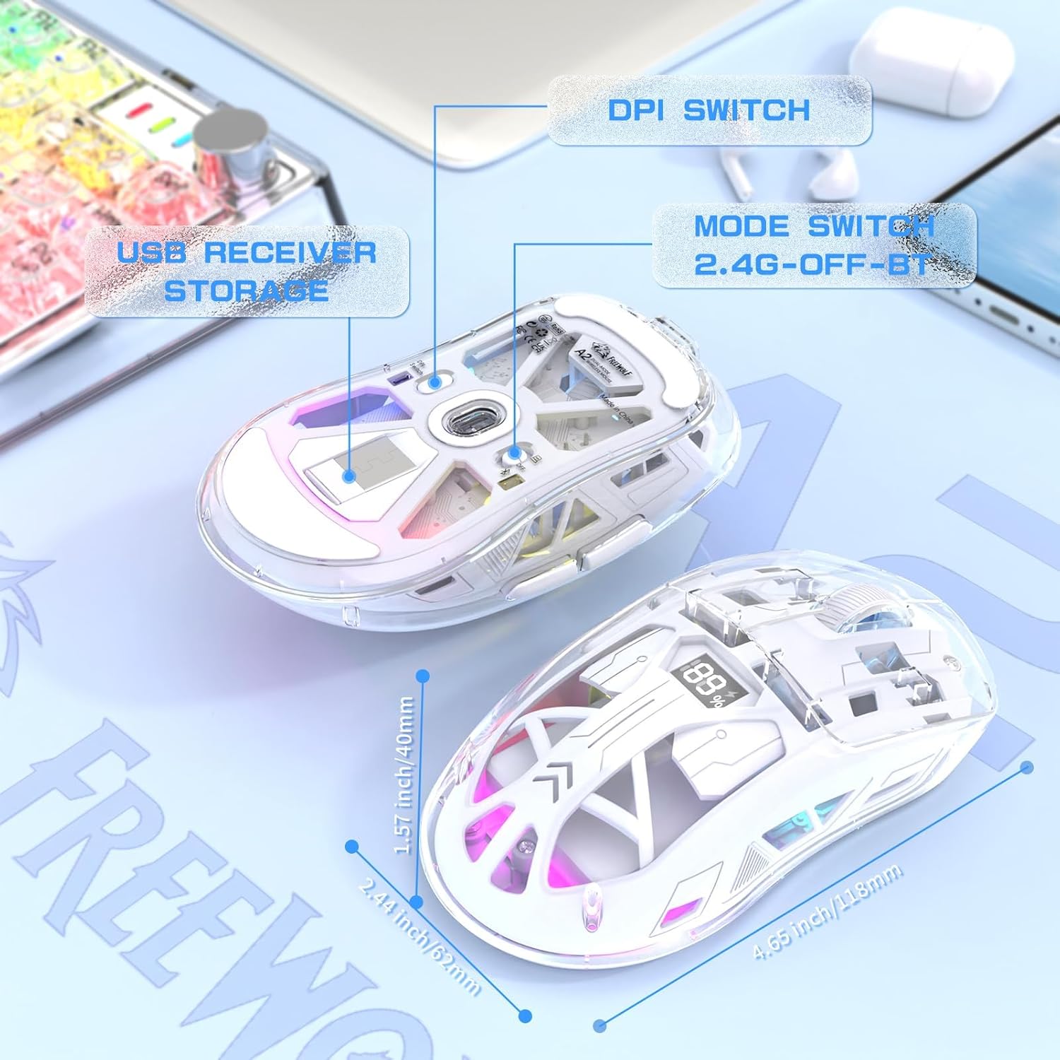 Advanced | Wireless Gaming Mouse, RGB Backlit USB Gaming Mice & 7 Buttons Programmable Driver, Dual Mode 2.4G/Bluetooth Transparent, Rechargeable 400mAh Battery, 4000 DPI 5 Level, Visible Battery Level-White 2026 - view 5