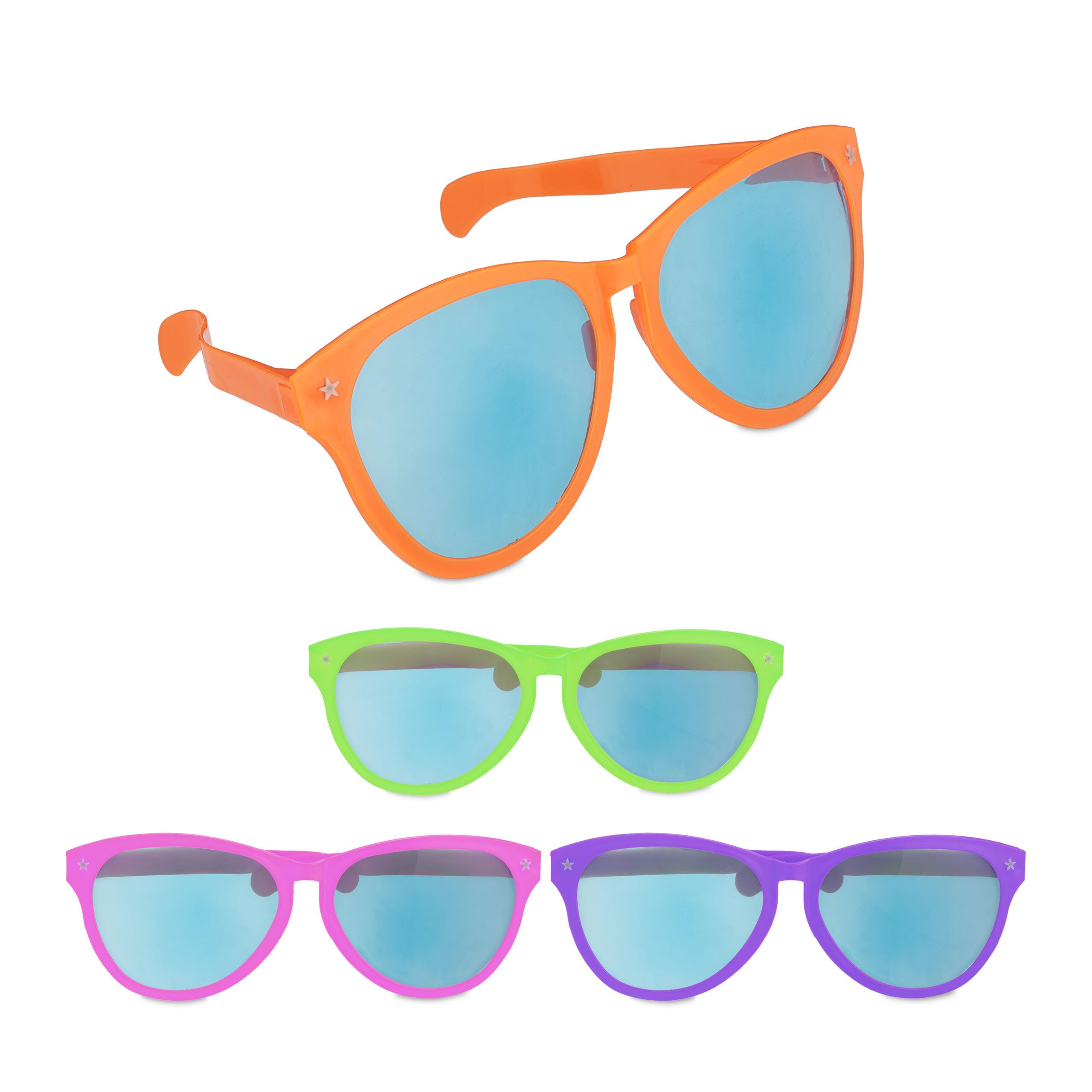 Relaxdays Set of 4 Party Glasses, Giant Spectacles for Carnival and Festivals Plastic, Big Blue Lenses, Multicoloured, 9 x 25 x 15.5 cm