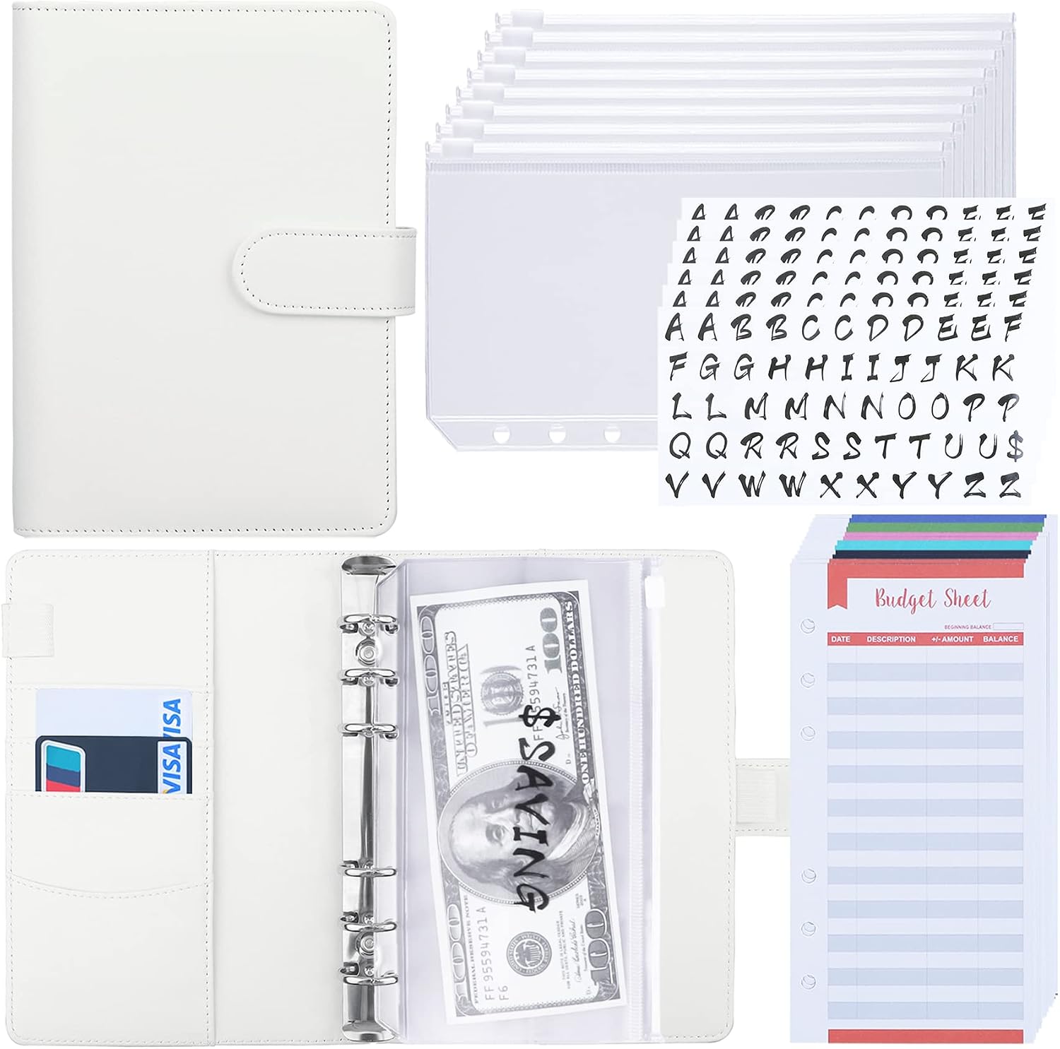 Antner A6 Budget Binder with Zipper Envelopes for Budgeting, Money Organizer for Cash, Expense Budget Sheets with Labels for 6-Ring Money Saving Binder with Cash Envelopes, White