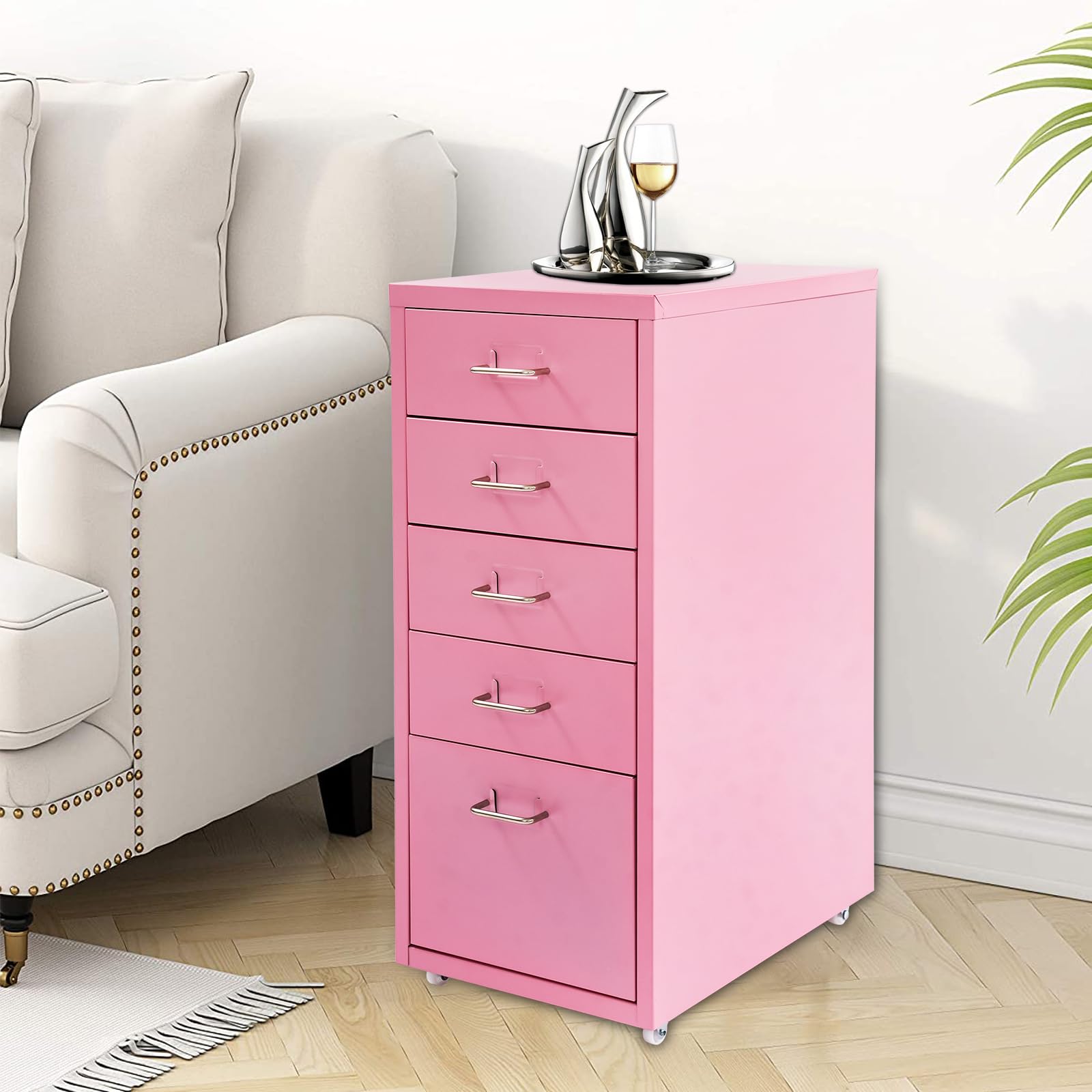 Armadietto mobile con 5 cassetti, in metallo, per casa, studio, ufficio e scuola, 28 x 41 x 69 cm (rosa)