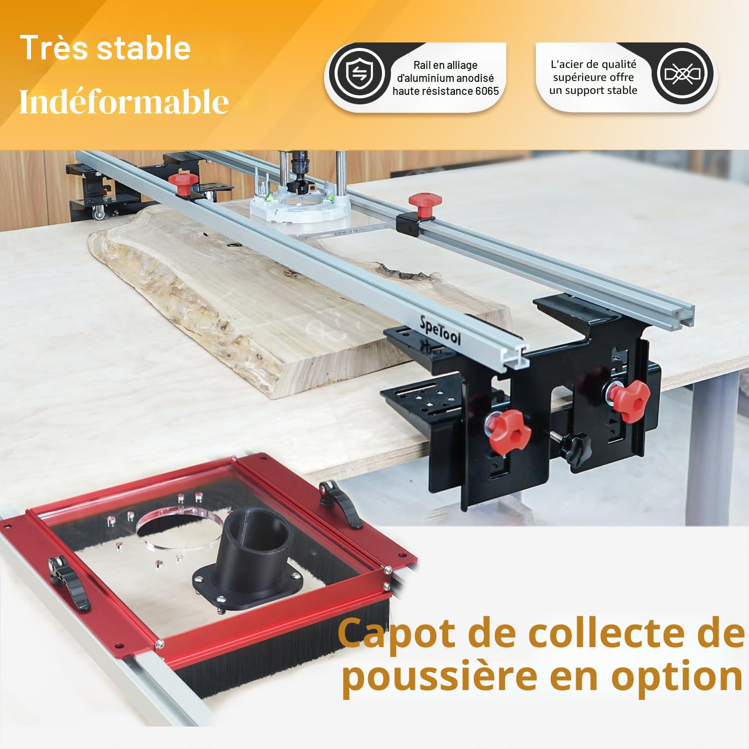 SpeTool Guide Défonceuse à Bois Rail pour Routeur Rail de Guidage pour Routeur Rail de Défonceuse 3 Axes Réglables Router Sled pour l'Aplanissement de Grandes Surfaces Irrégulières