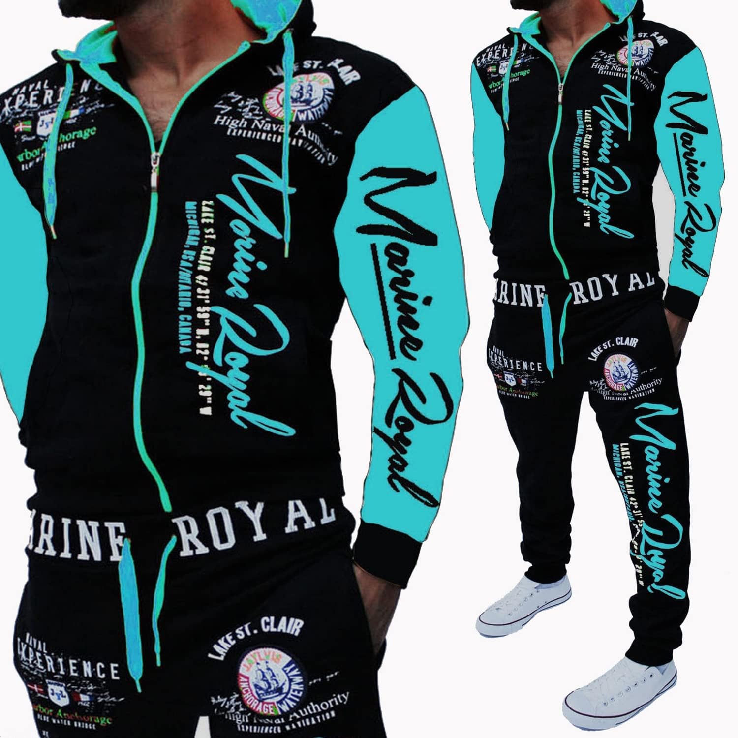 HHGKED Men 's Casual Tracksuit Hooded Full Zip Elastic Waistband Sweatsuit Set - Image 3