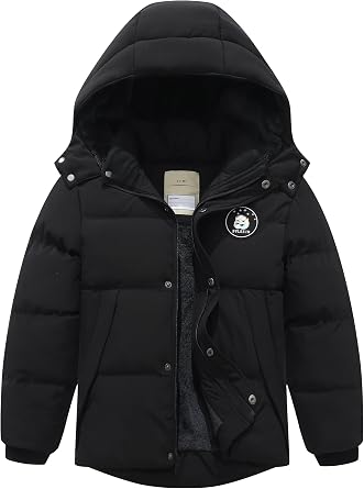 Kids Boys Winter Waterproof Puffy Cotton Jacket Fleece Lined Lightweight Down Coat Thick Hooded Outdoor Coat